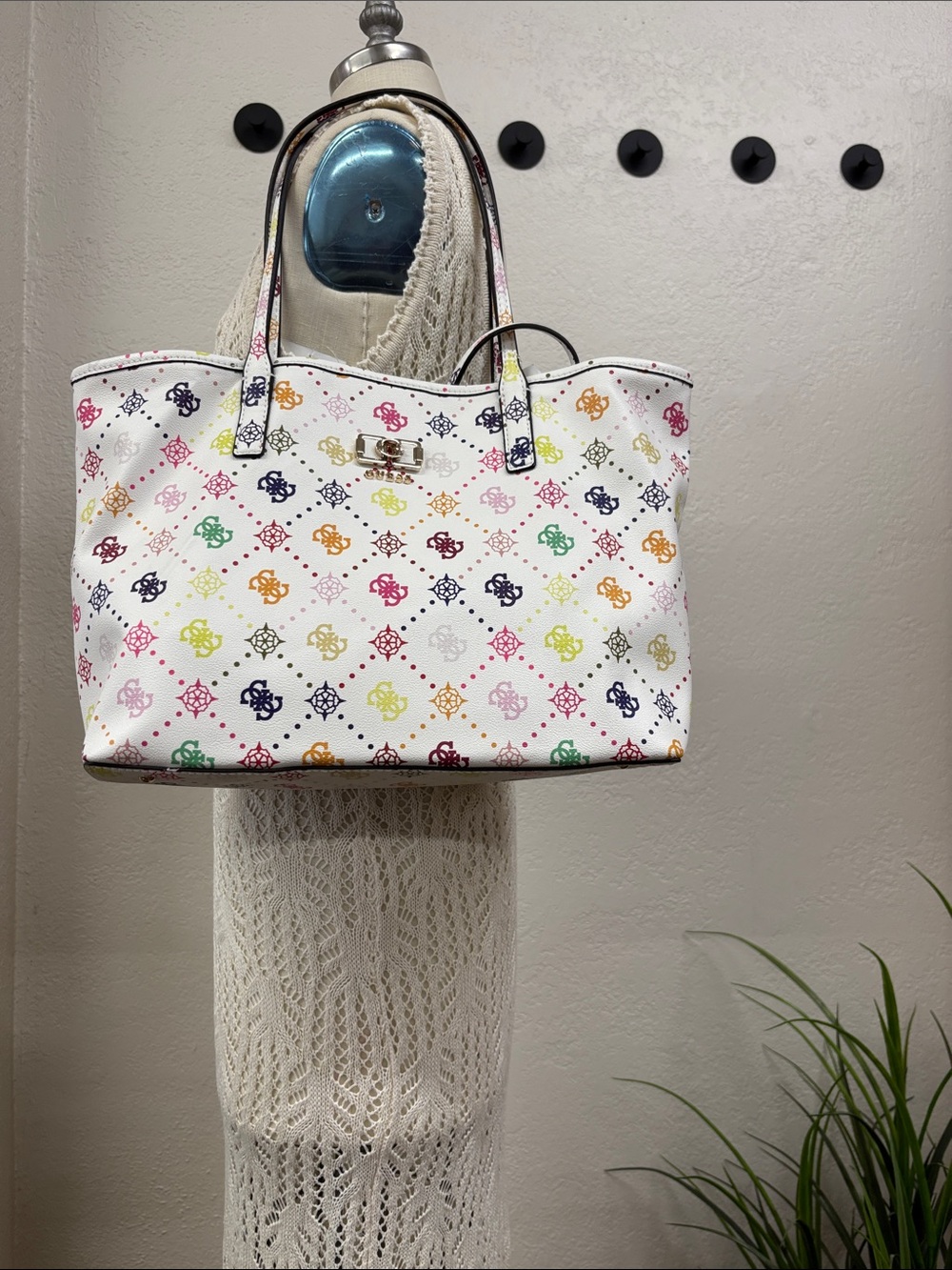 Guess White Tote with Multicolor Logo Print